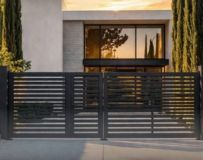 Portail anthracite à lames horizontales devant une maison contemporaine
