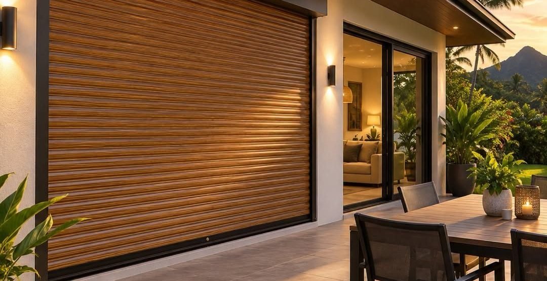Volet roulant marron faux bois sur une terrasse
